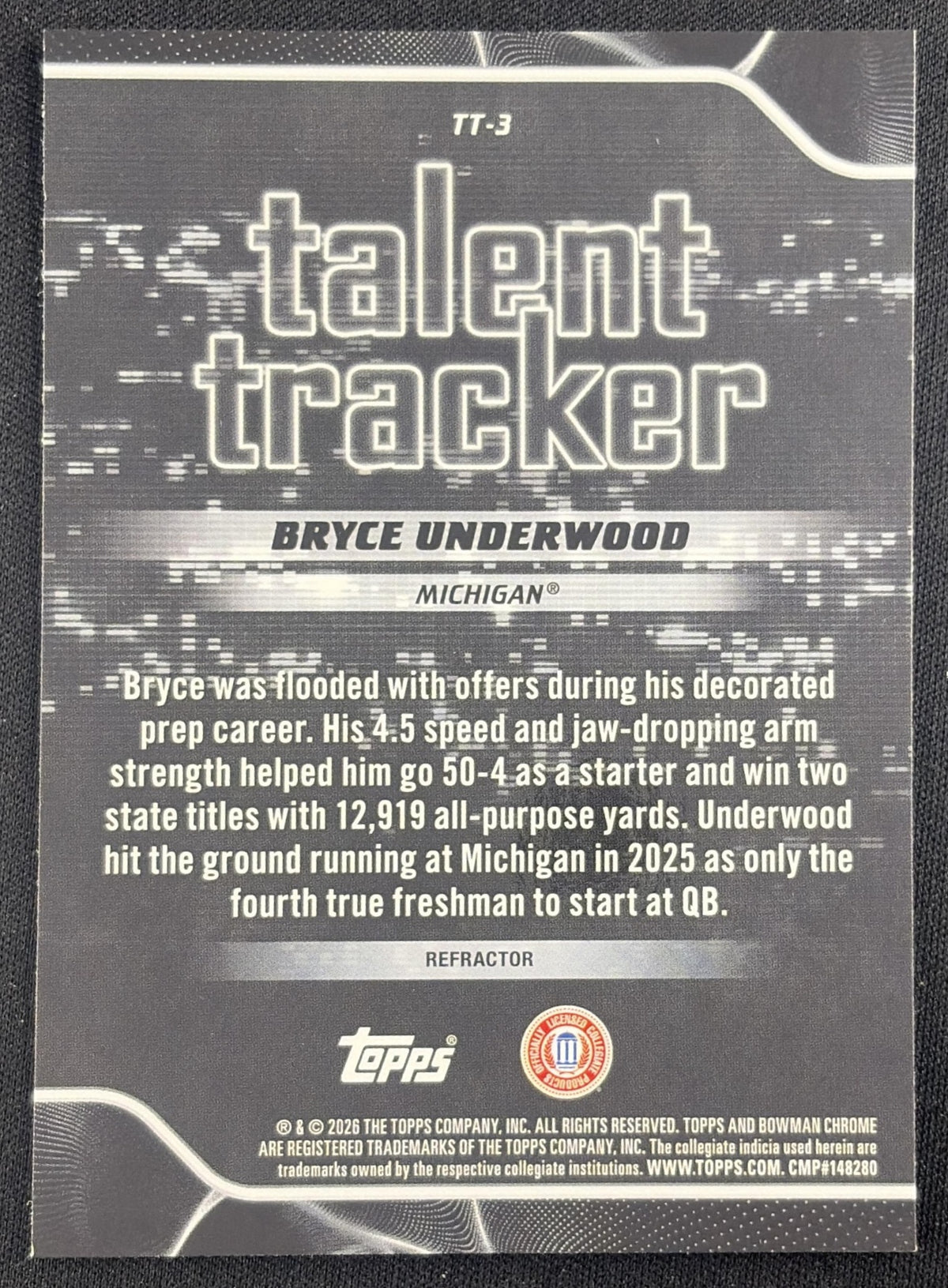 Bryce Underwood 2026 Bowman Talent Tracker Chrome Refractor Wolverines