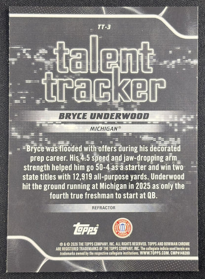 Bryce Underwood 2026 Bowman Talent Tracker Chrome Refractor Wolverines