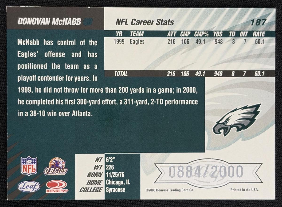 Donovan McNabb 2000 Leaf Limited /2000 Eagles - Back