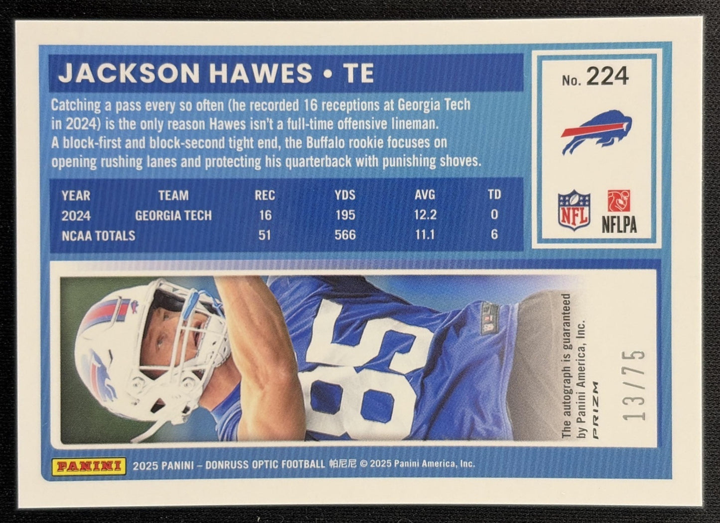 Jackson Hawes 2025 Donruss Optic Rated Rookie Auto Pink Velocity Prizm /75 Bills back