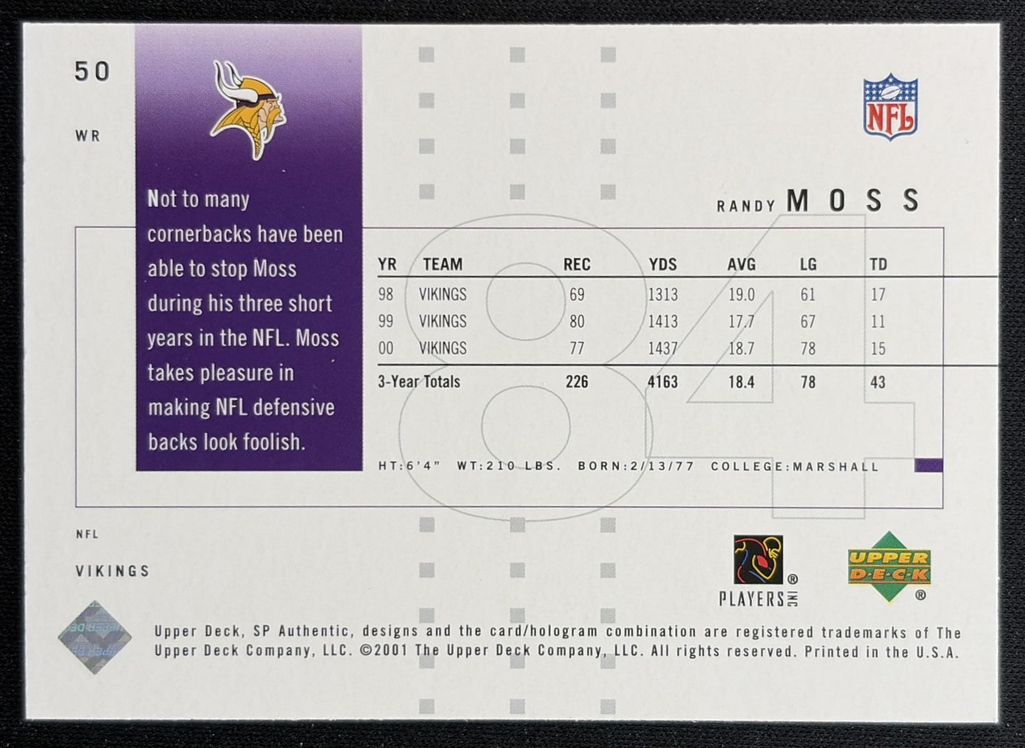 Randy Moss 2001 SP Authentic Vikings back