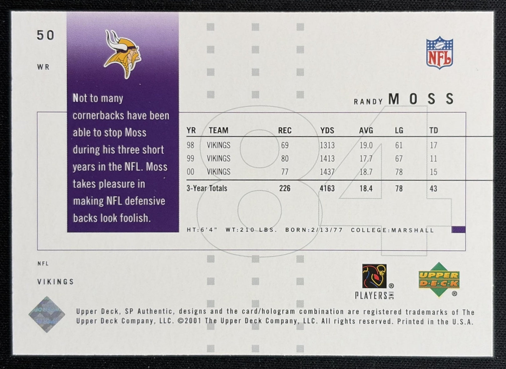 Randy Moss 2001 SP Authentic Vikings back