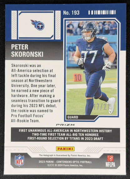 Peter Skoronski 2023 Panini Contenders Optic Purple Pulsar Auto /21 Titans