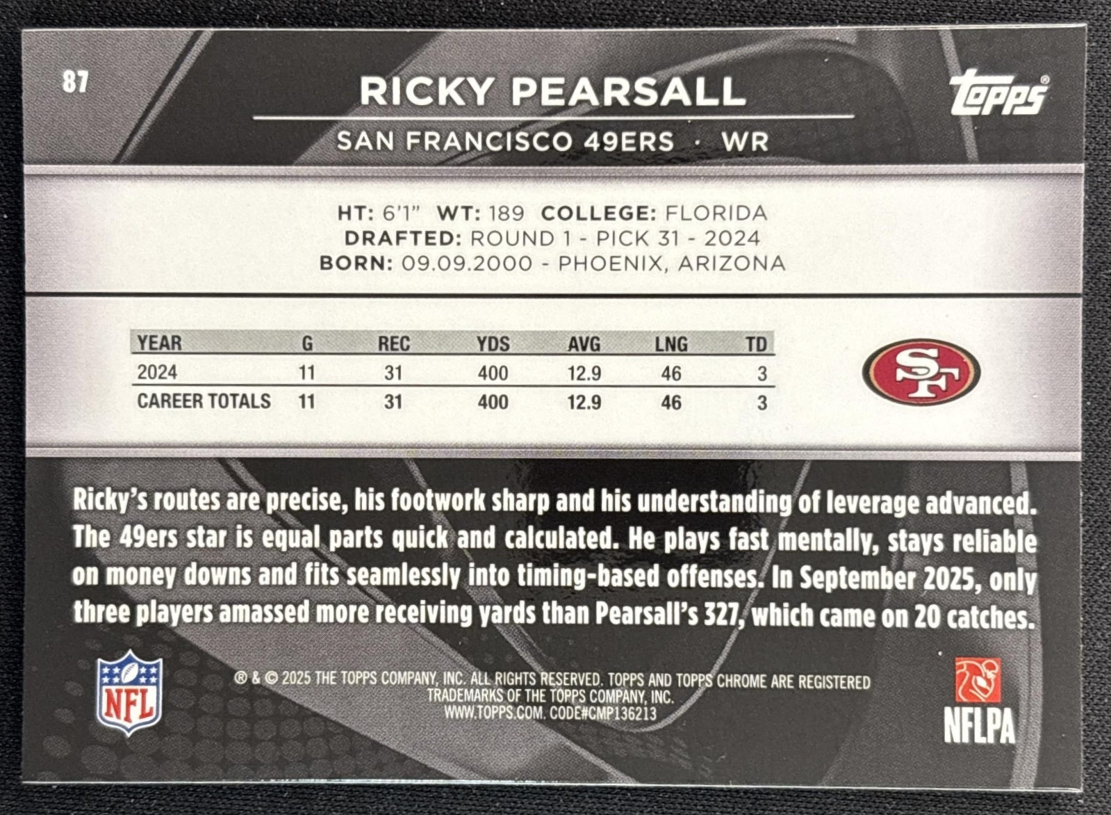 Ricky Pearsall 2025 Topps Chrome Black 49ers back