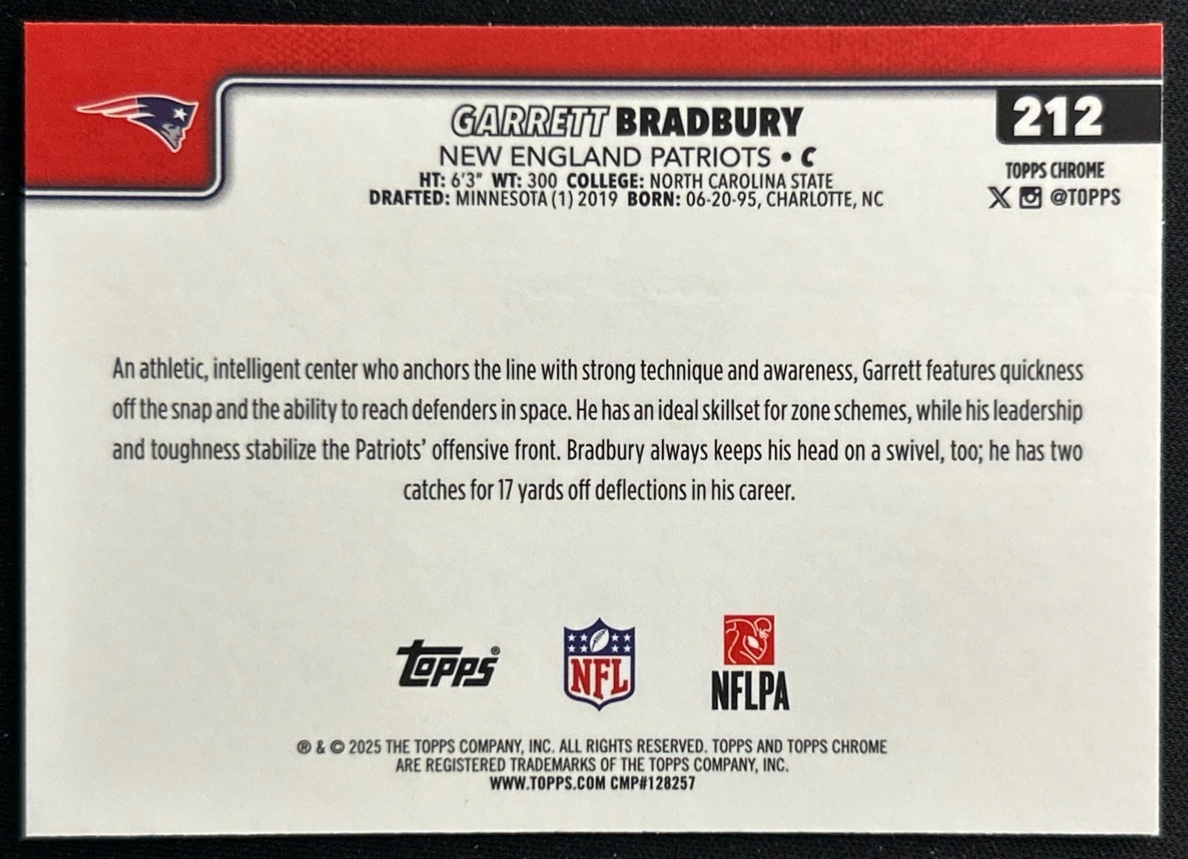 Garrett Bradbury 2025 Topps Chrome Patriots Sports Trading Cards