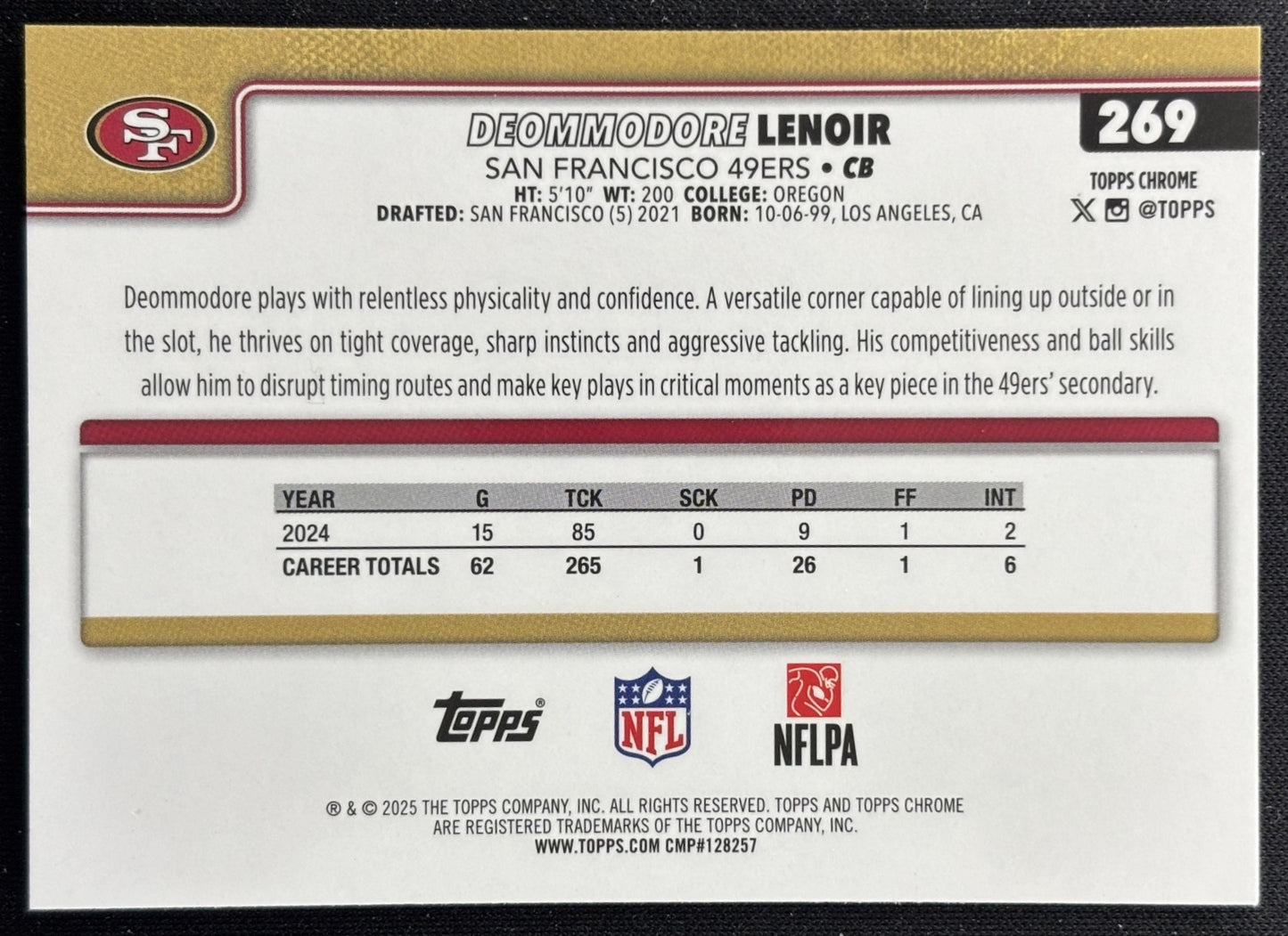Deommodore Lenoir 2025 Topps Chrome 49ers Sports Trading Cards