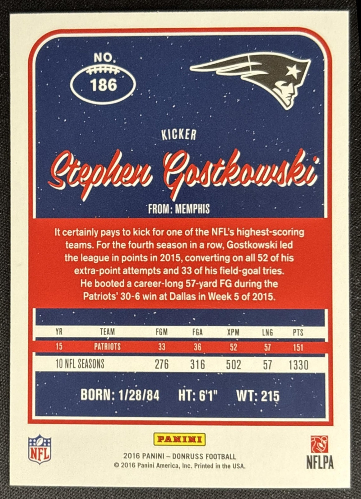 Stephen Gostkowski 2016 Panini Donruss Press Proofs Gold /50 Patriots