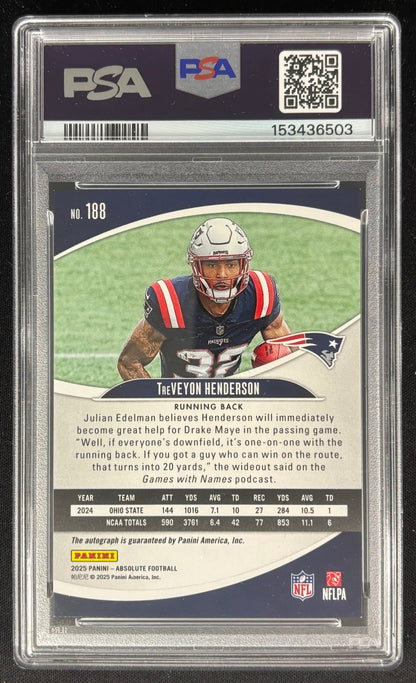 TreVeyon Henderson 2025 Panini Absolute Signature Rookies Pink PSA 8 Patriots Sports Trading Cards