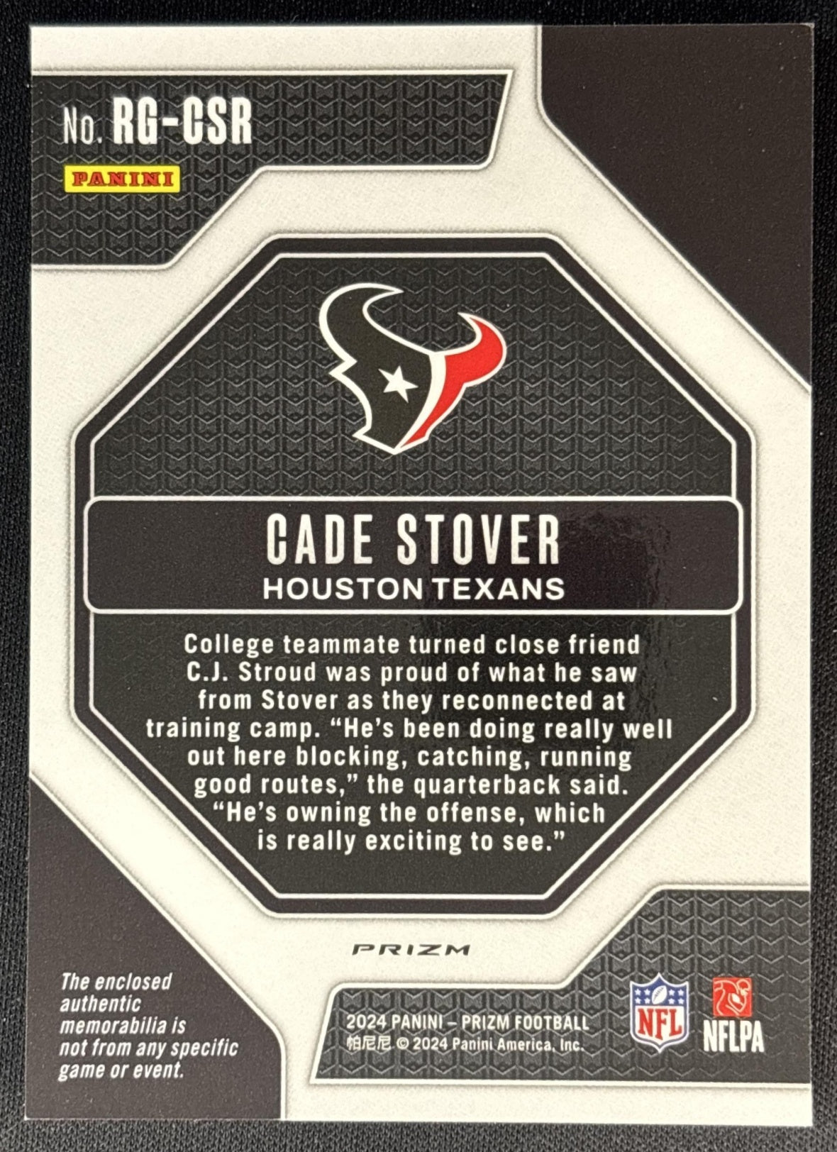 Cade Stover 2024 Panini Prizm Rookie Gear Neon Green Pulsar Texans