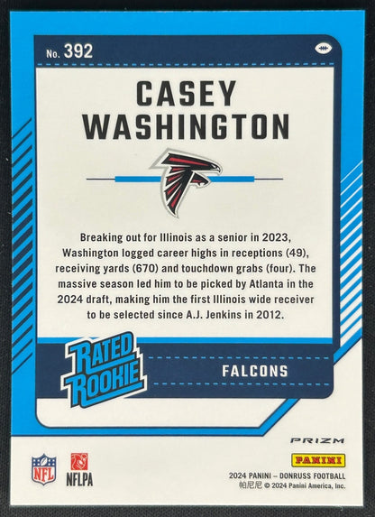 Casey Washington 2024 Donruss Optic Rated Rookie Preview Red Pandora Falcons Sports Trading Cards