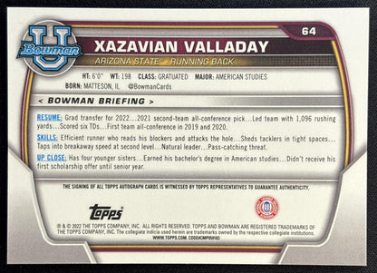 Xazavian Valladay 2022 Bowman University Chrome Prospect Auto back