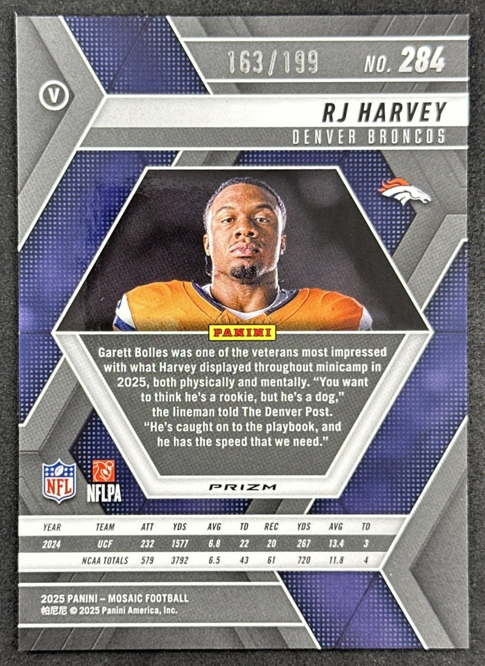 RJ Harvey 2025 Panini Mosaic Rookie Variation Orange Prizm /199 Broncos Sports Trading Cards