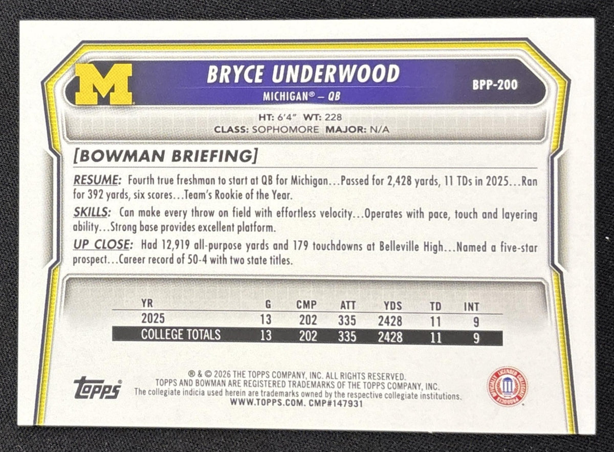 Bryce Underwood 2026 Bowman Paper Prospects Pink /250 Wolverines Sports Trading Card
