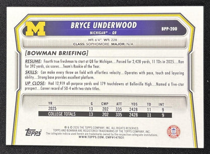Bryce Underwood 2026 Bowman Paper Prospects Pink /250 Wolverines Sports Trading Card