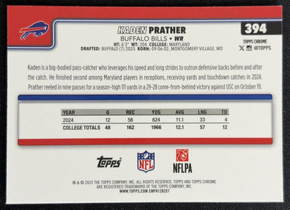 Kaden Prather 2025 Topps Chrome Rookie Refractor Bills
