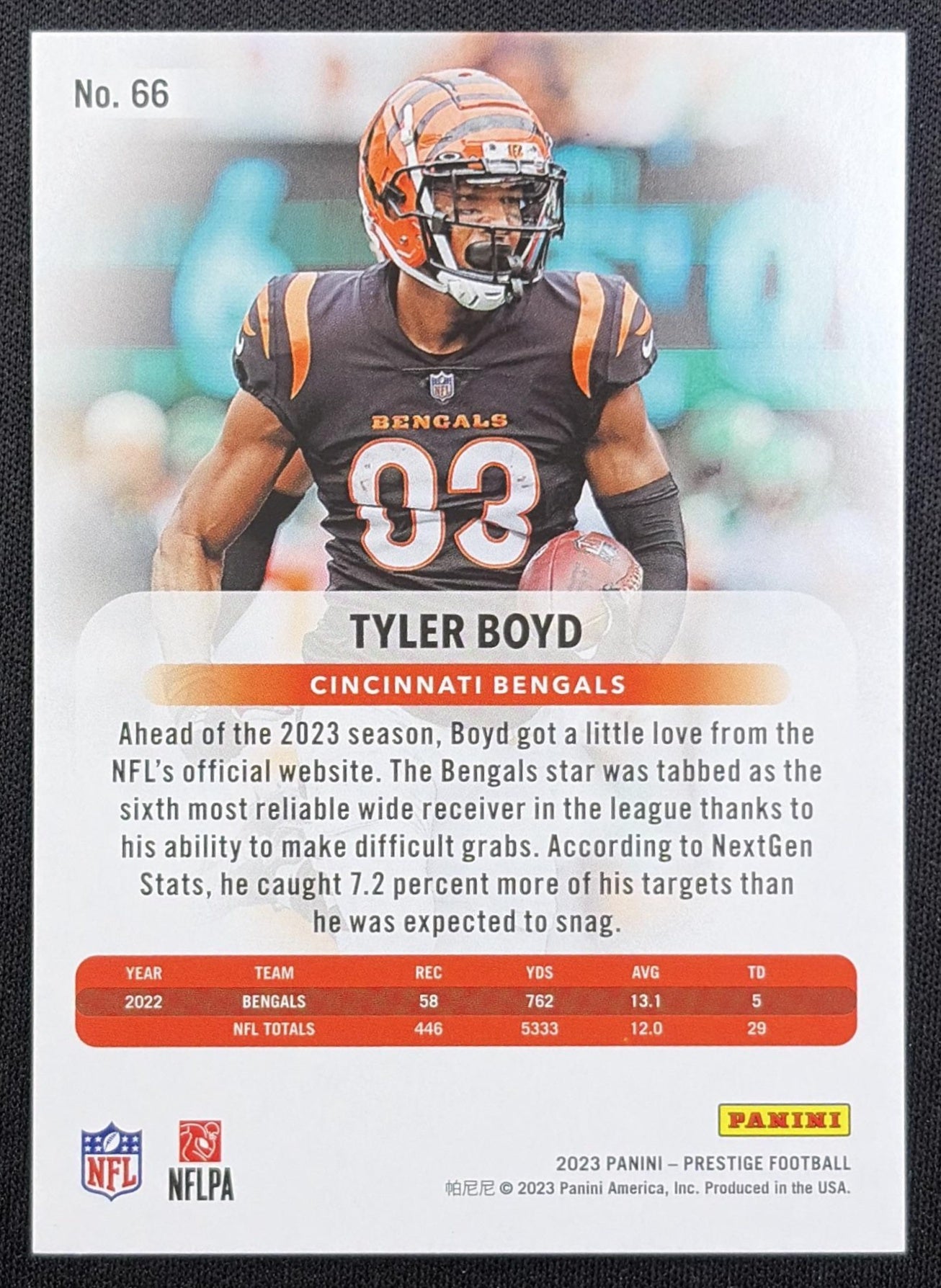 Tyler Boyd 2023 Panini Prestige Xtra Points Premium Blue /299 Bengals back