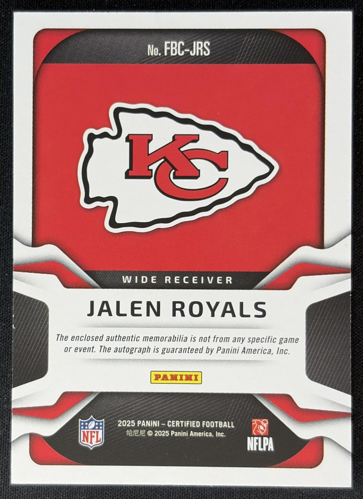 Jalen Royals 2025 Panini Certified Freshman Fabric Mirror Signatures /499 Chiefs back