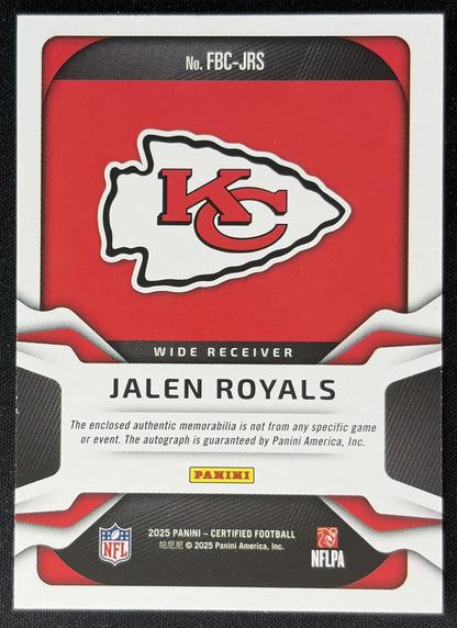 Jalen Royals 2025 Panini Certified Freshman Fabric Mirror Signatures /499 Chiefs back