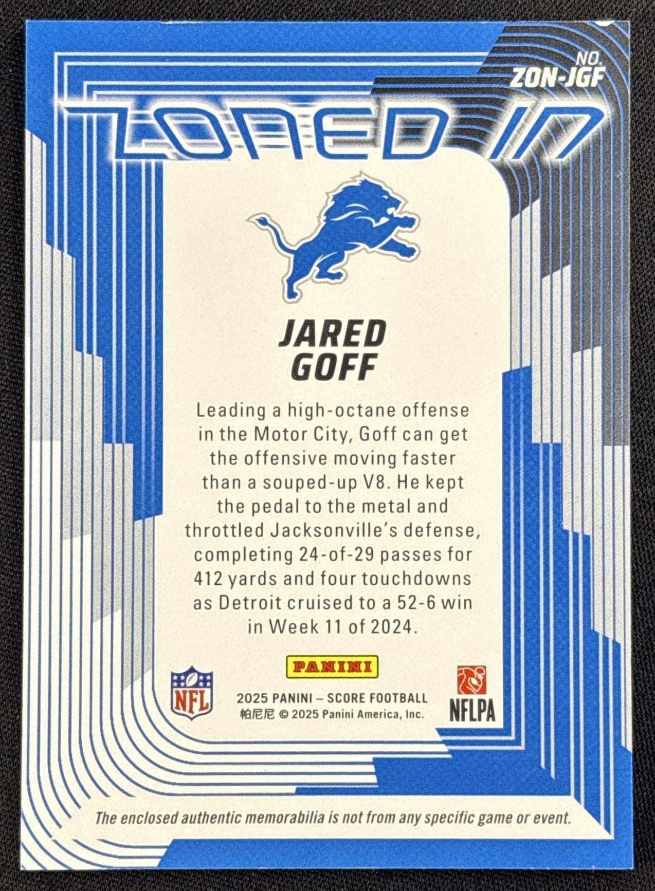 Jared Goff 2025 Panini Score Zoned In Jerseys Lions