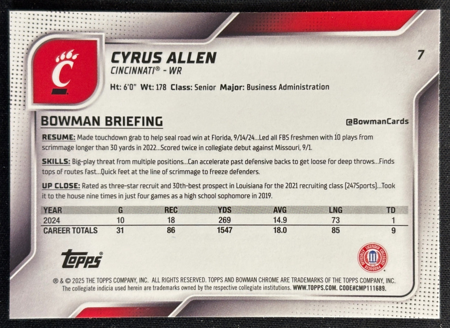 Cyrus Allen 2025 Chrome University Prospects Purple Refractor /75 Bearcats - Back | Wayne Collection
