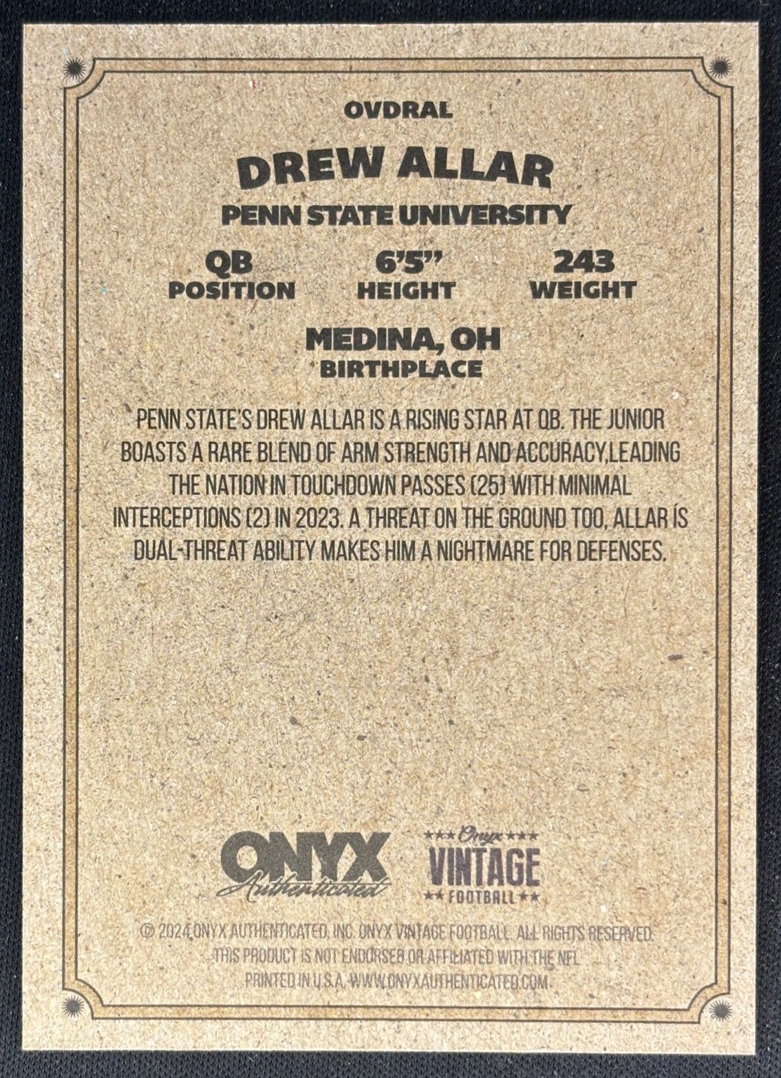 Drew Allar 2024 Onyx Vintage Collection Nittany Lions Sports Trading Cards