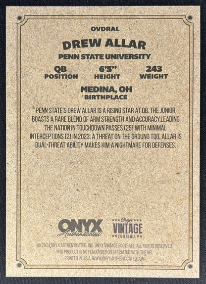 Drew Allar 2024 Onyx Vintage Collection Nittany Lions Sports Trading Cards