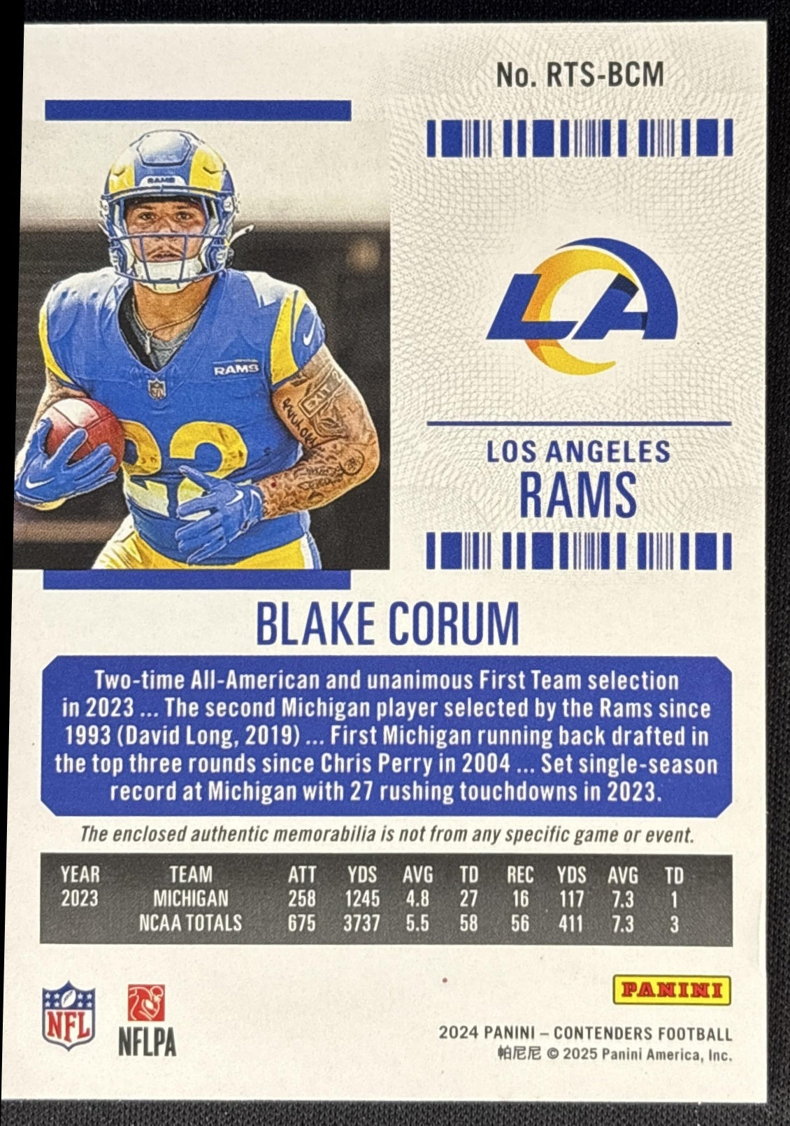 Blake Corum 2024 Panini Contenders Rookie Ticket Swatches Variation Rams