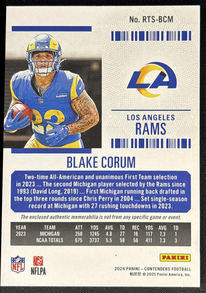 Blake Corum 2024 Panini Contenders Rookie Ticket Swatches Variation Rams