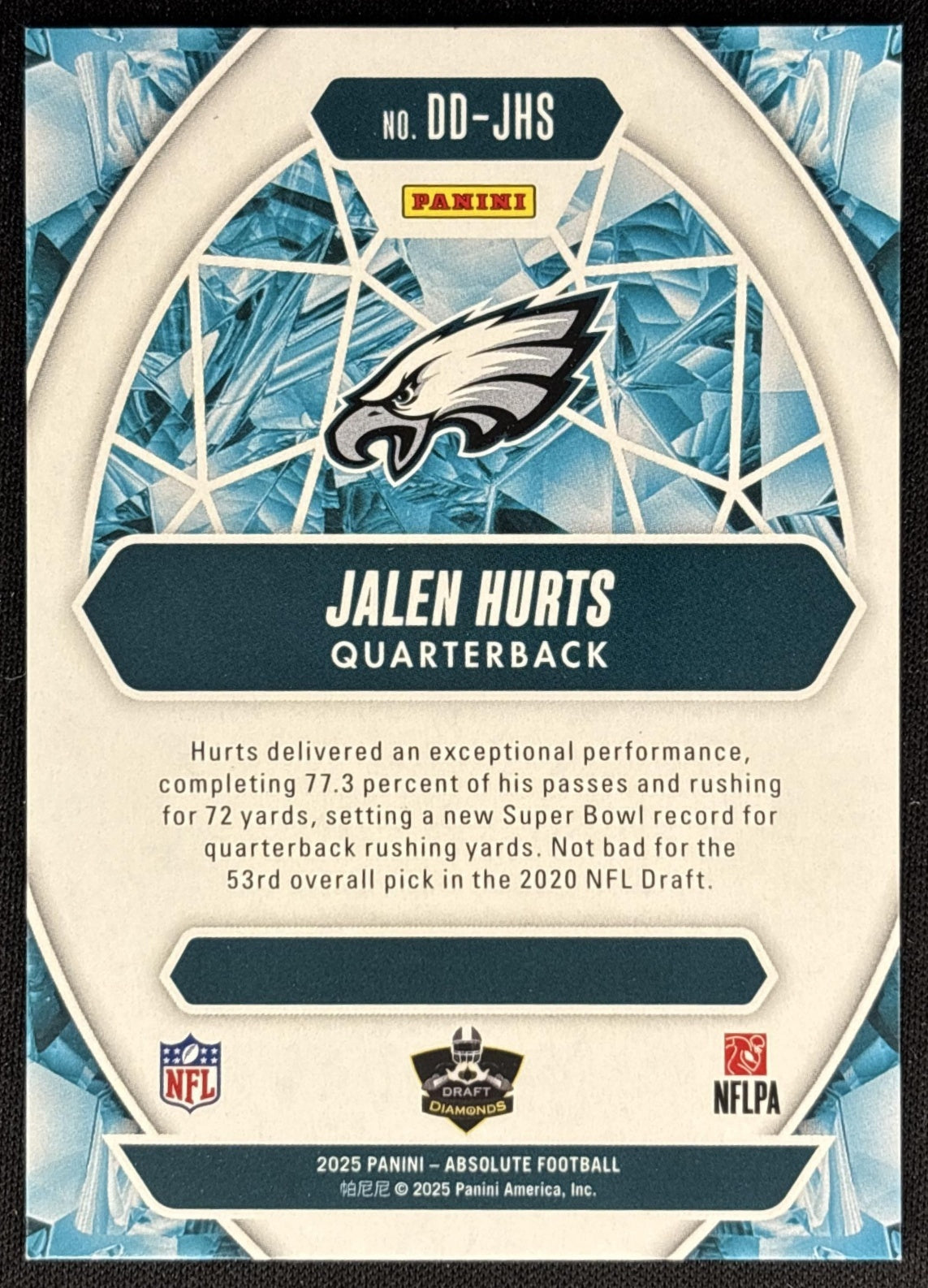 Jalen Hurts 2025 Panini Absolute Draft Diamonds Eagles back