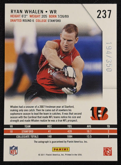 Ryan Whalen 2011 Panini Rookies & Stars Rookie Auto Holofoil /350 Bengals sports trading card back