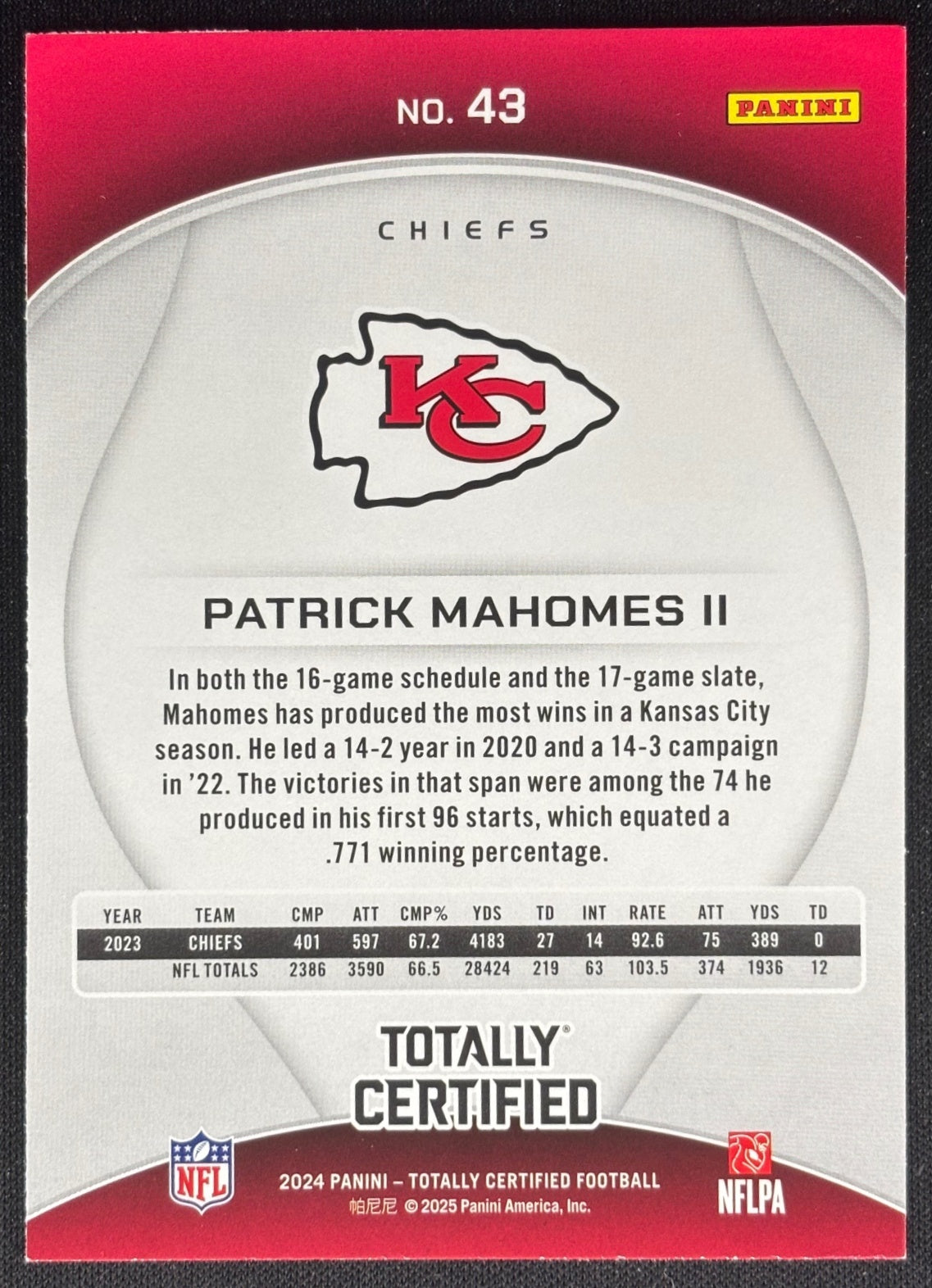 Patrick Mahomes II 2024 Totally Certified Chiefs Football