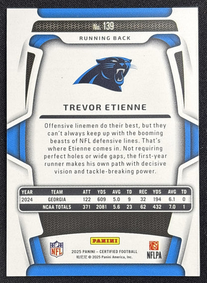 Trevor Etienne 2025 Panini Certified Rookies Mirror Purple /299 Panthers Carolina Panthers