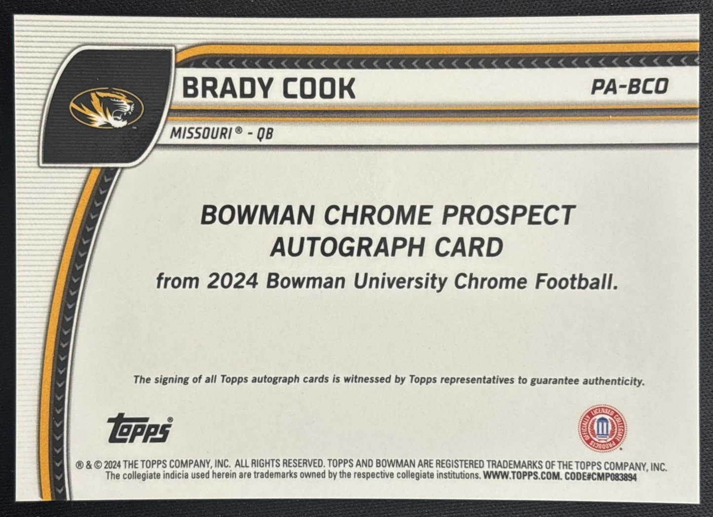 Brady Cook 2024 Bowman Chrome University Prospect Auto Tigers back