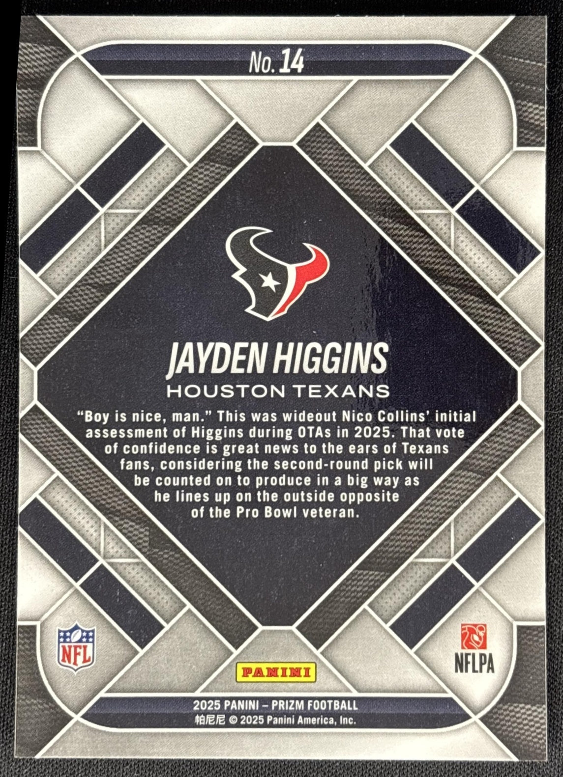 Jayden Higgins 2025 Panini Prizm Emergent Texans Sports Trading Card