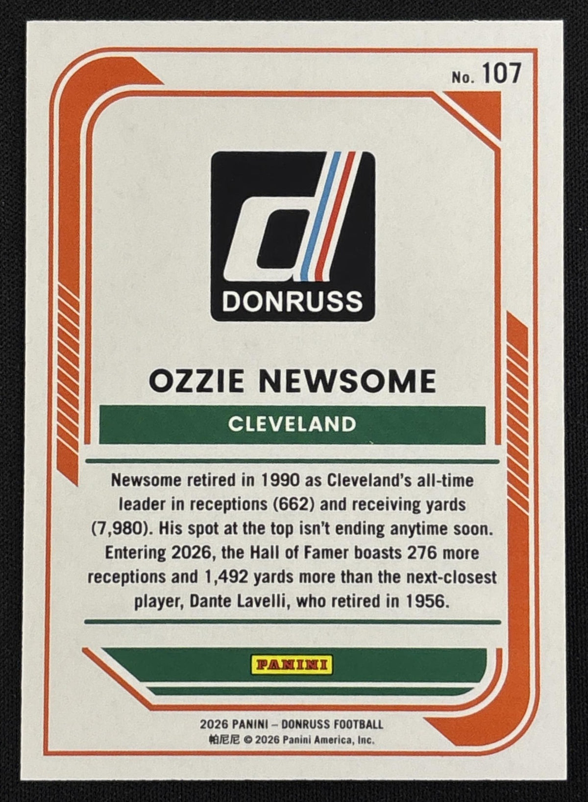 Ozzie Newsome 2026 Panini Donruss Gold /10 Browns sports trading card back