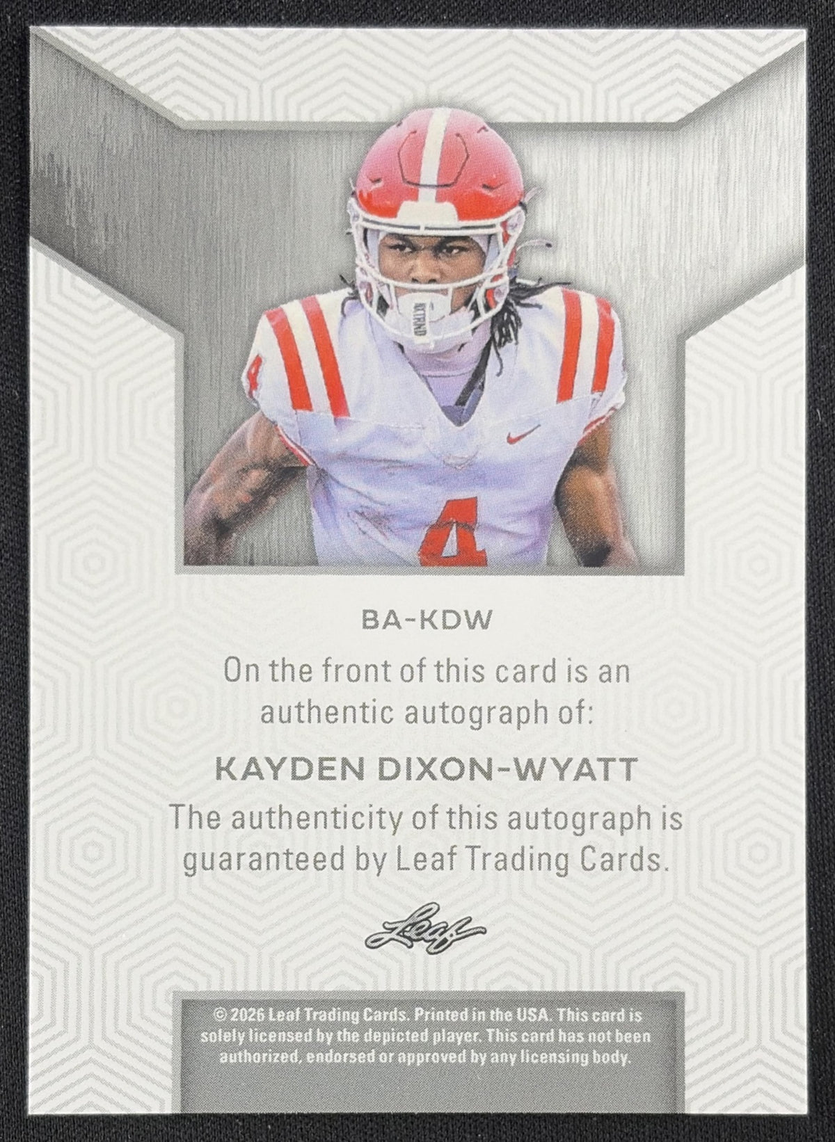 Kayden Dixon-Wyatt 2026 Leaf Trinity Auto Platinum /40 Sports Trading Card