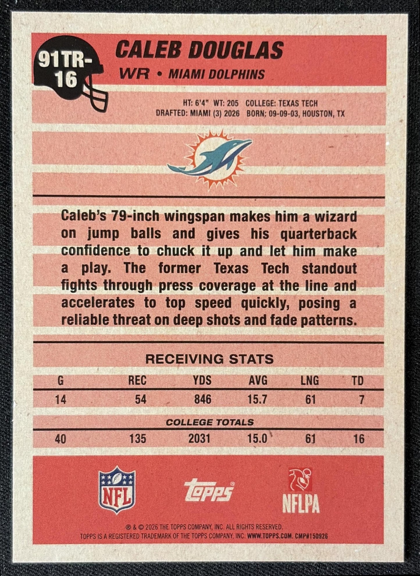 Caleb Douglas 2026 Topps 1991 Rookie Dolphins back