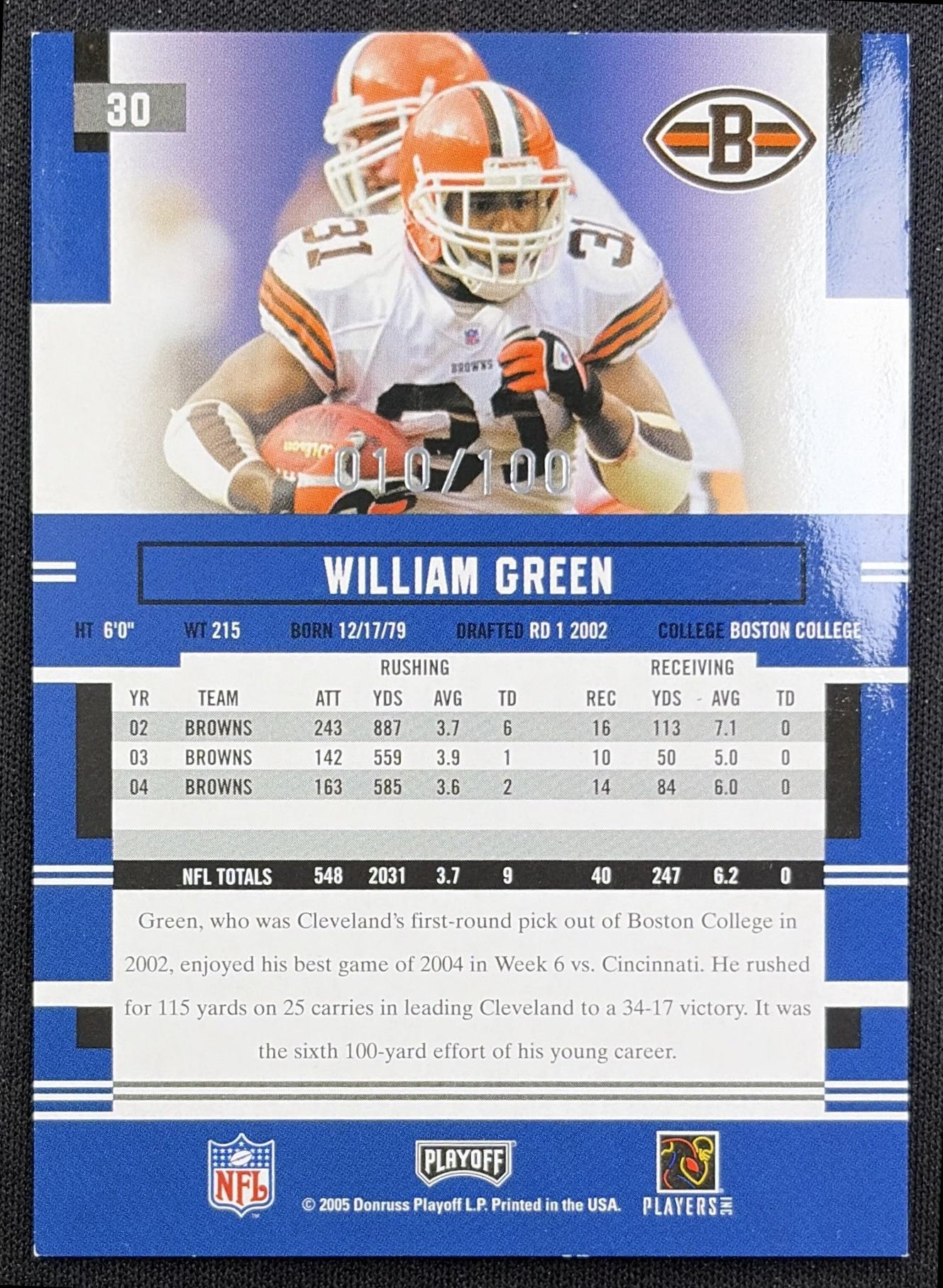 William Green 2005 Playoff Prestige Xtra Points Purple /100 Browns