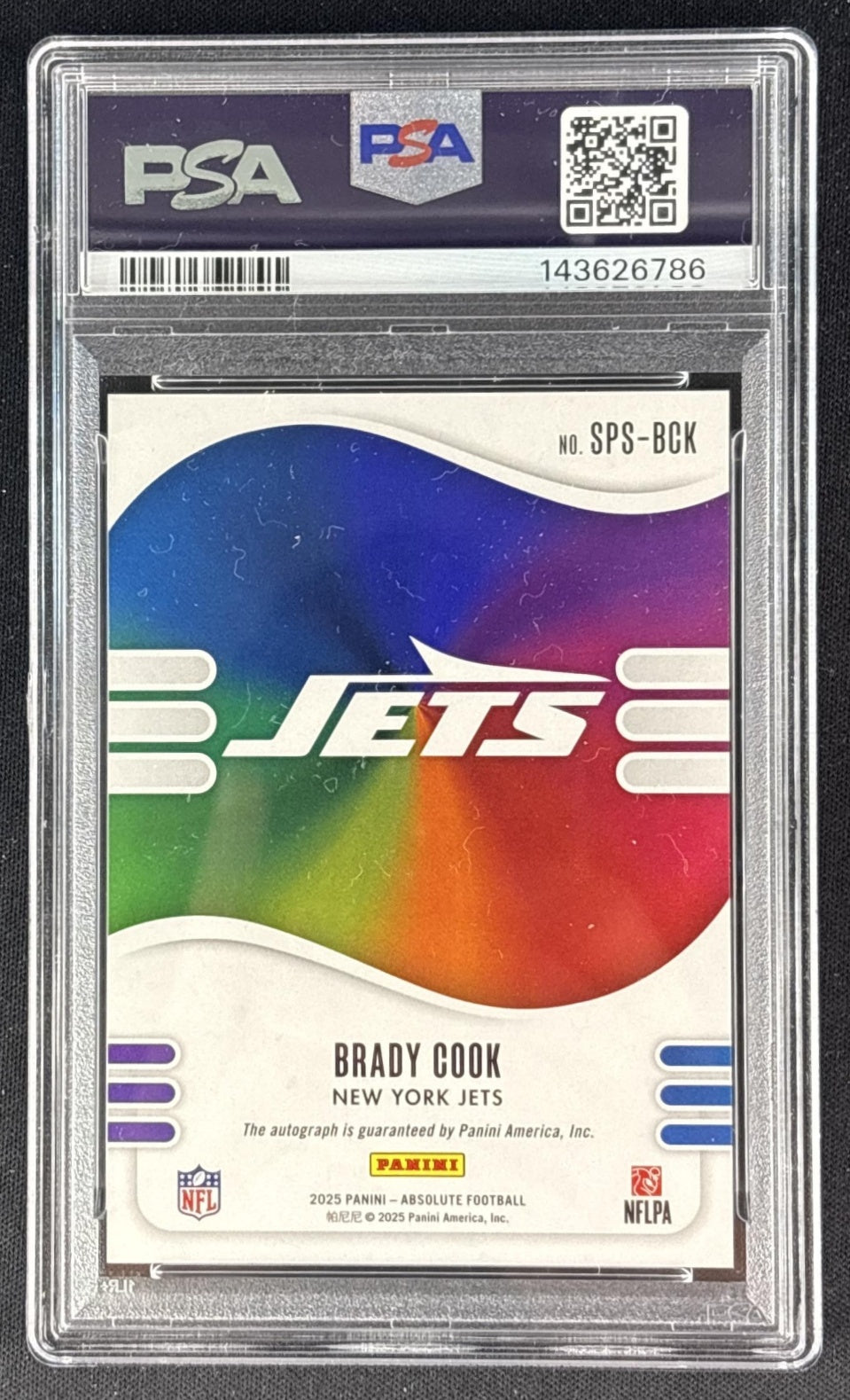 Brady Cook 2025 Panini Absolute Spectrum Signatures Blue /35 PSA 10 Jets Sports Trading Cards