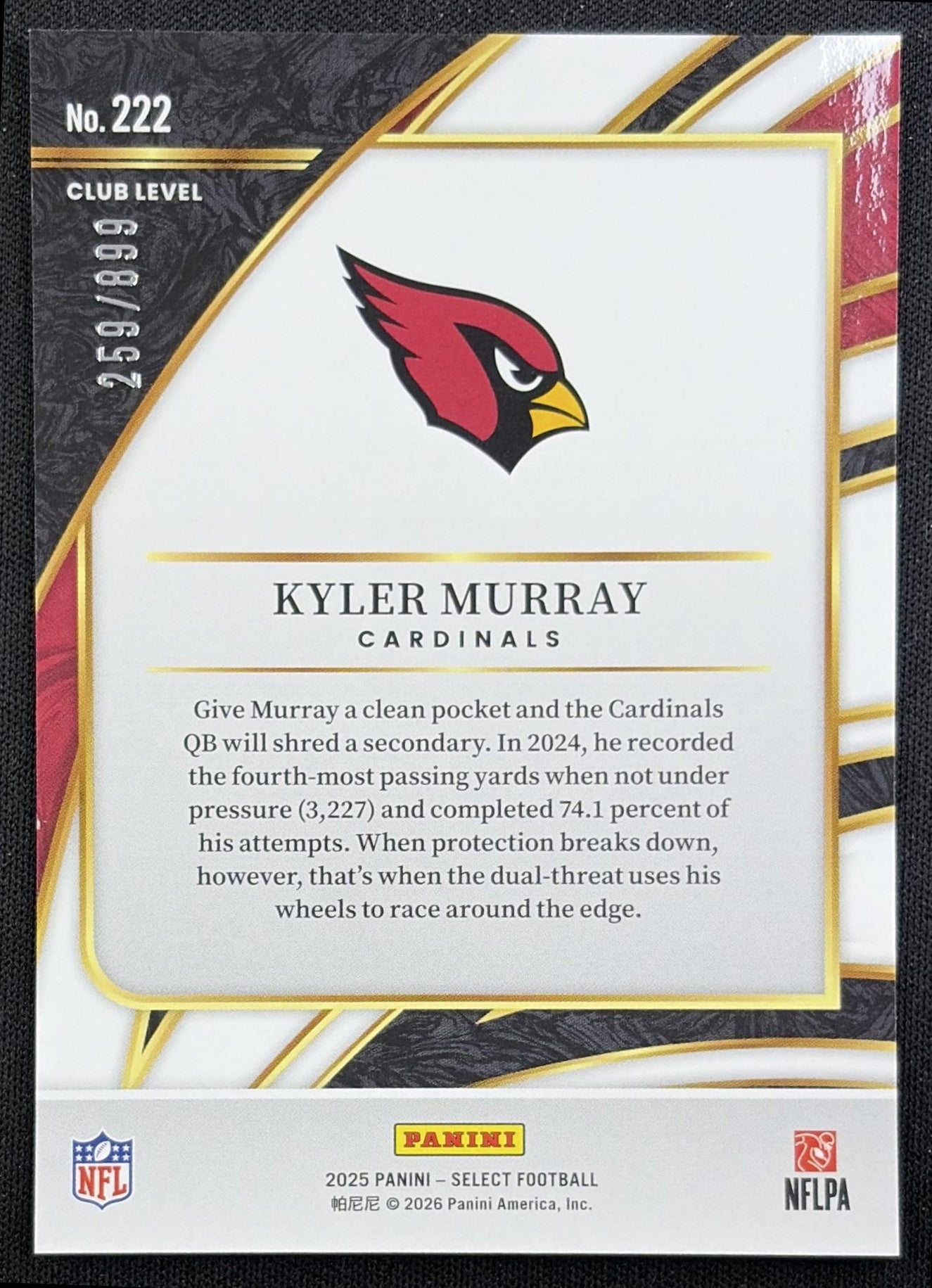Kyler Murray 2025 Panini Select Club Level Copper Prizm Shock /899 Cardinals back