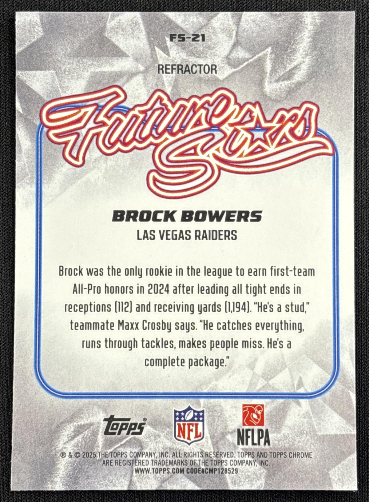 Brock Bowers 2025 Topps Chrome Future Stars Refractor Raiders Las Vegas Raiders
