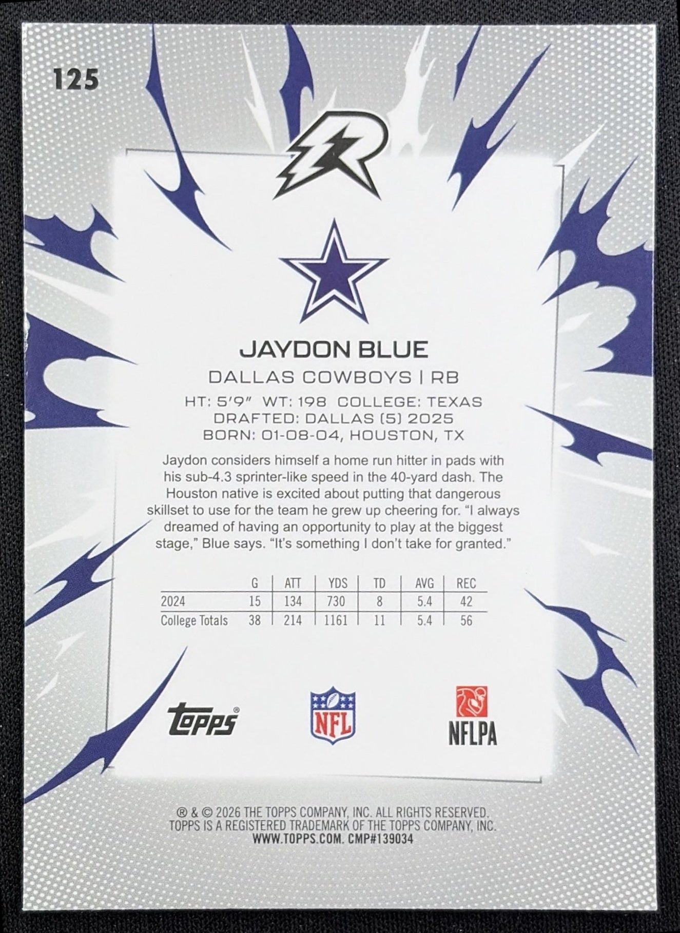 Jaydon Blue 2025 Topps Resurgence Blue and Orange Spark Refractor Cowboys back