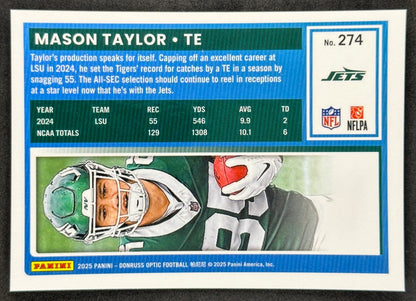 Mason Taylor 2025 Donruss Optic Rated Rookie Jets Sports Trading Card