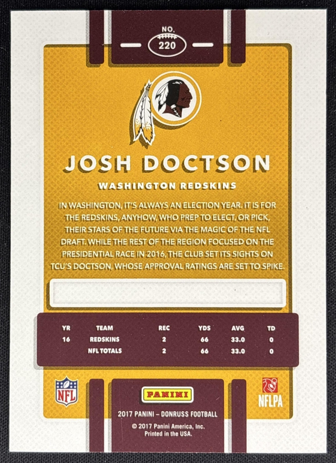 Josh Doctson 2017 Panini Donruss Press Proof Silver /100 Redskins back