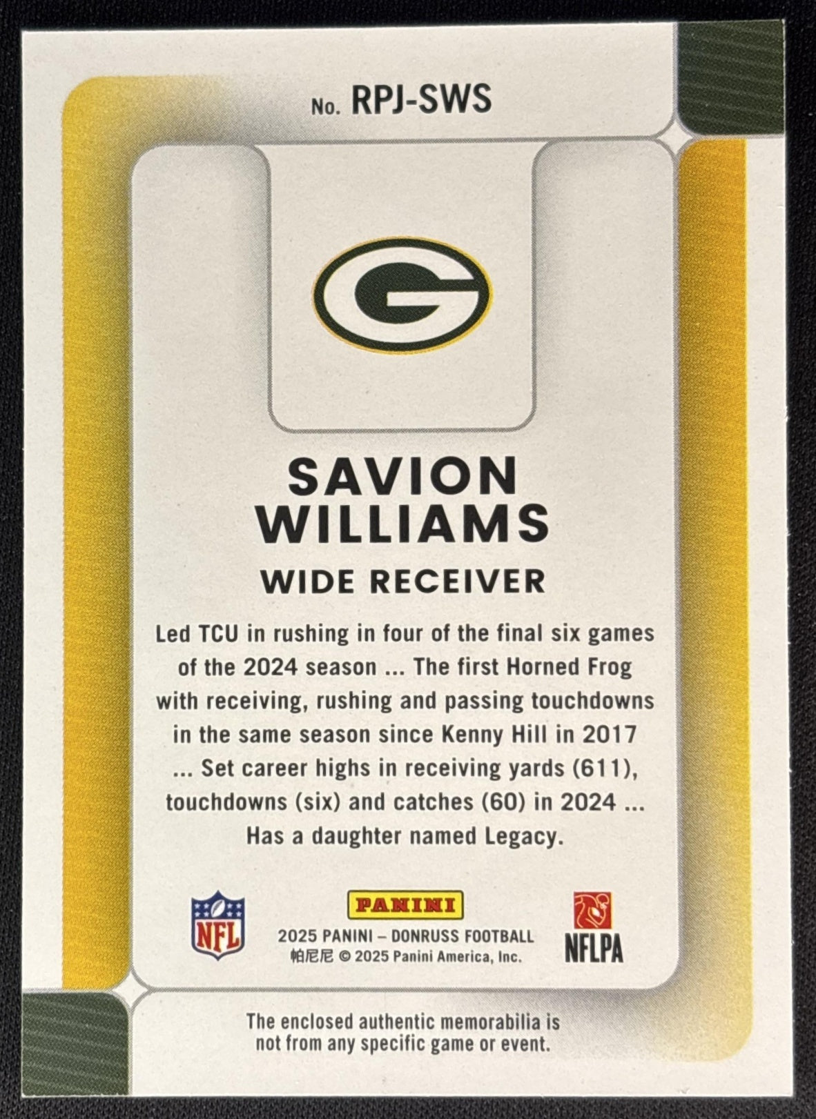 Savion Williams 2025 Panini Donruss Rookie Phenom Jerseys
