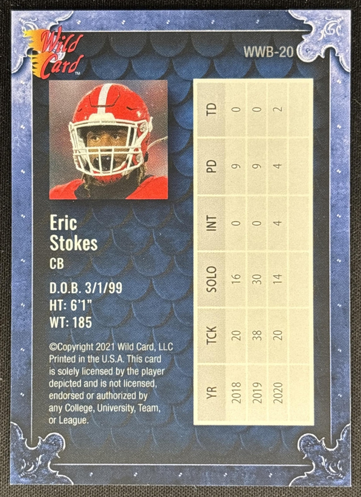 Eric Stokes 2021 Wild Card Matte White Weekend Warriors Blue Border /50 Bulldogs back