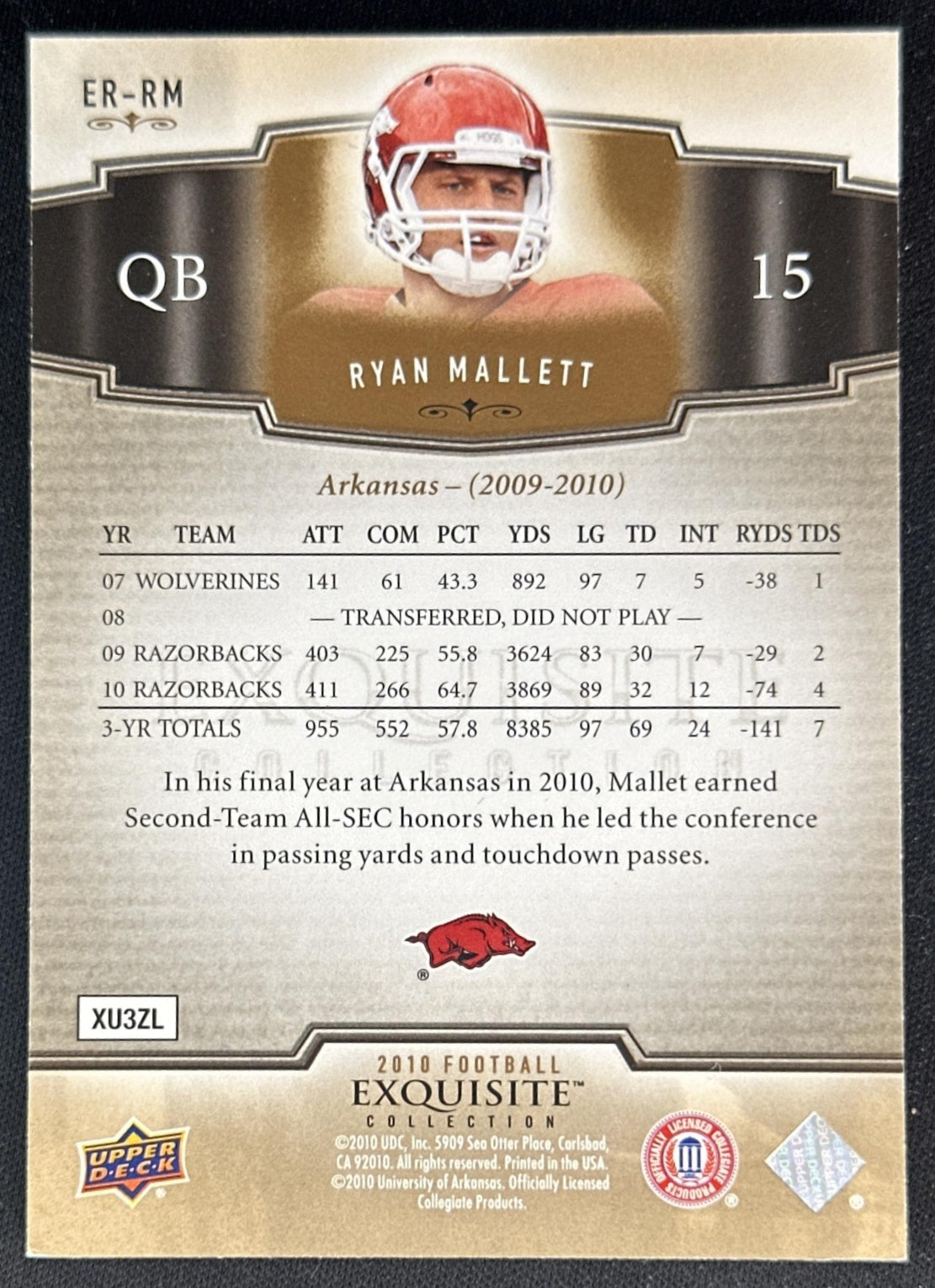 Ryan Mallett 2010 Exquisite Collection Draft Picks Bronze /25 Razorbacks Sports Trading Cards