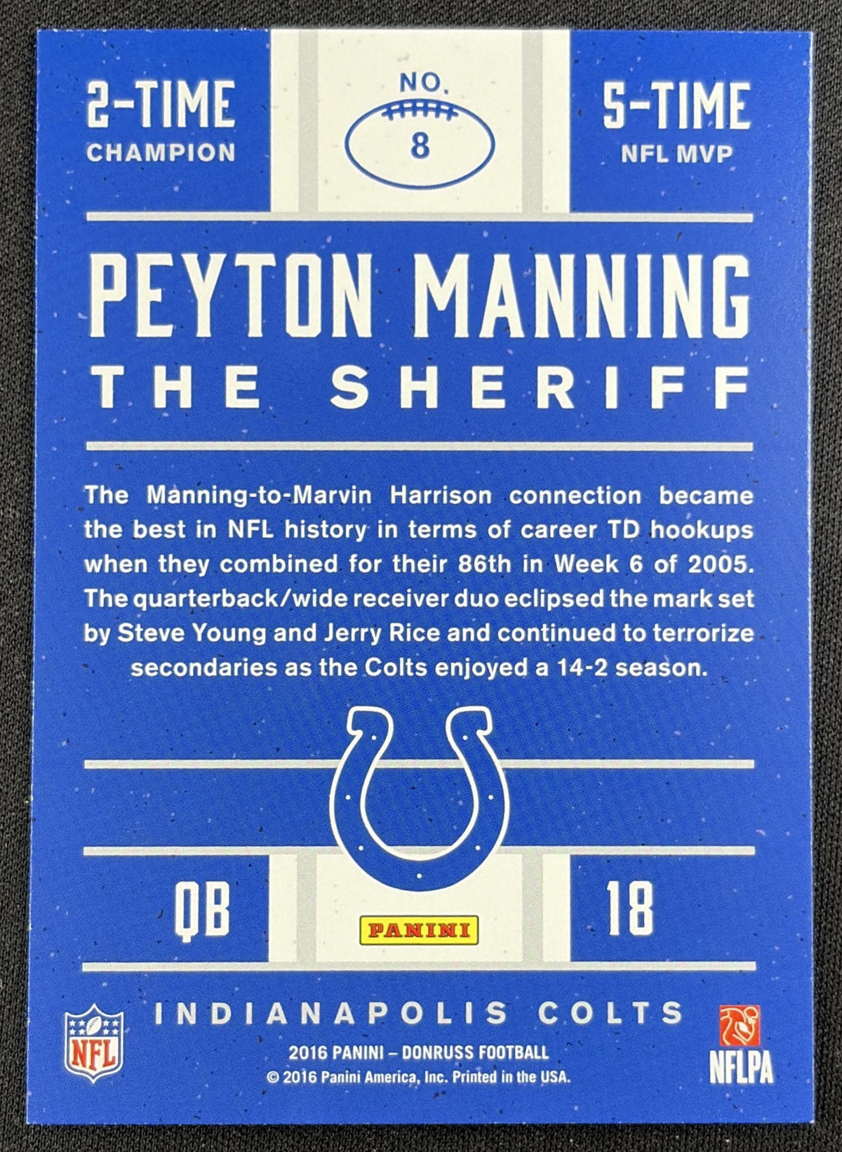 Peyton Manning 2016 Panini Donruss The Sheriff Tribute Red Foil Broncos 8 back