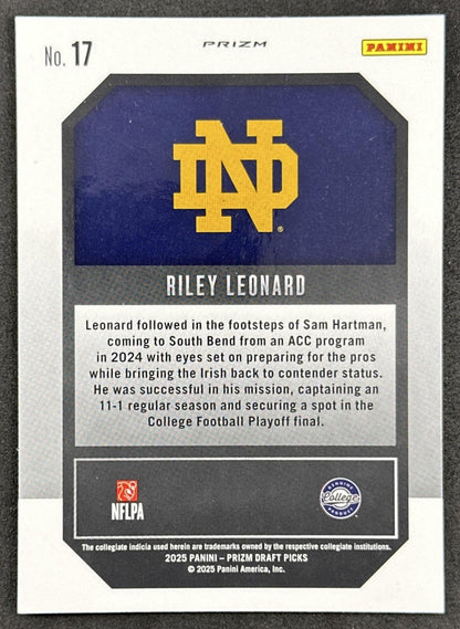 Riley Leonard 2025 Panini Prizm Draft Picks New Recruits Red Ice Fighting Irish Colts - Back