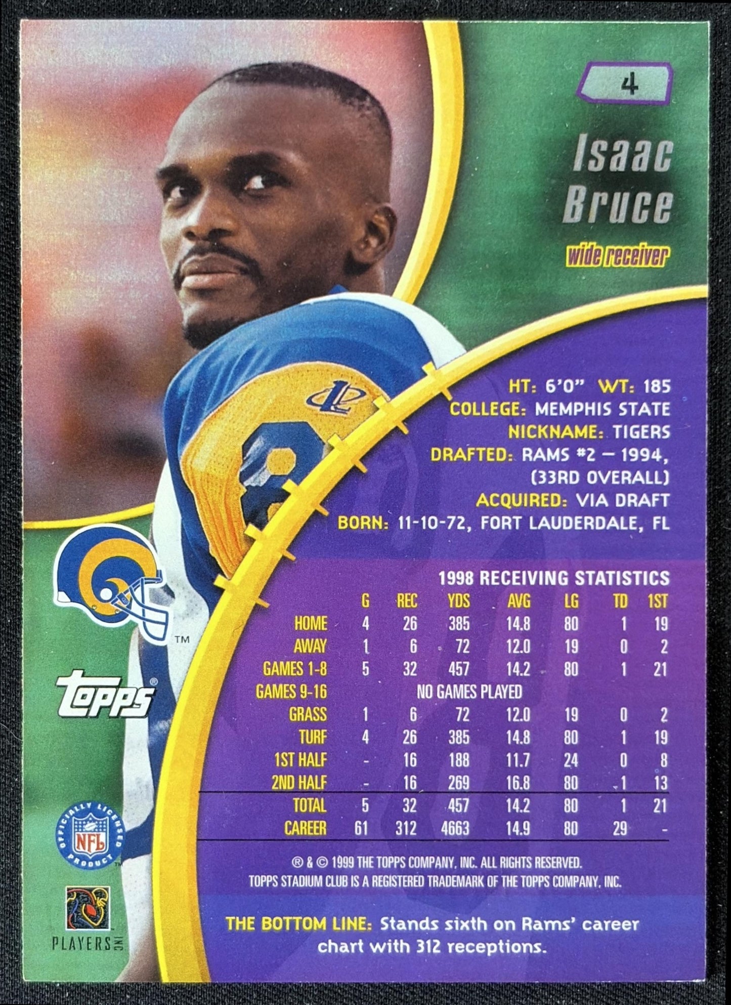 Isaac Bruce 1999 Topps Stadium Club Rams back